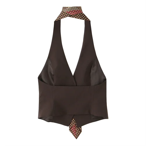 Imagen 2 del producto Top de mujer 2025 otoño nuevo estilo marrón oscuro sin mangas cuello Halter con corbata decoración chaleco Sexy moda única y versátil
