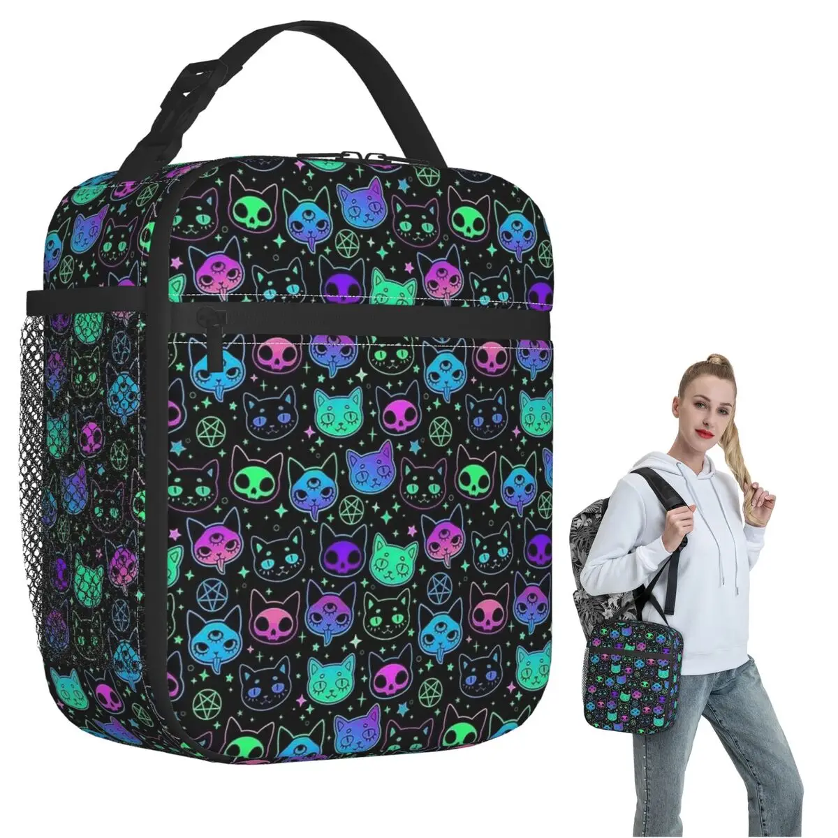 Colorful Cat Heads With Bright Star Pattern Insulated Lunch Bag for Women Kids Leakproof Food Boxes Thermal Lunch Box Tote