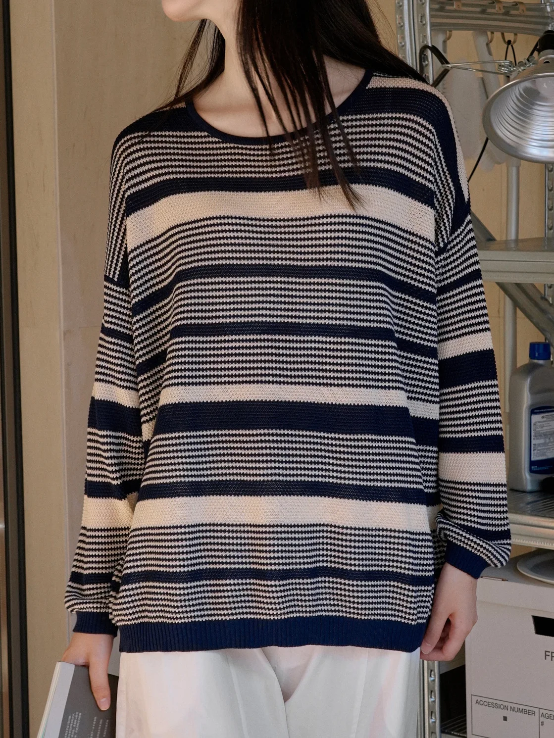 

Autumn and Winter Women's Casual Stripe Round Neck Long Sleeve Loose Sweater