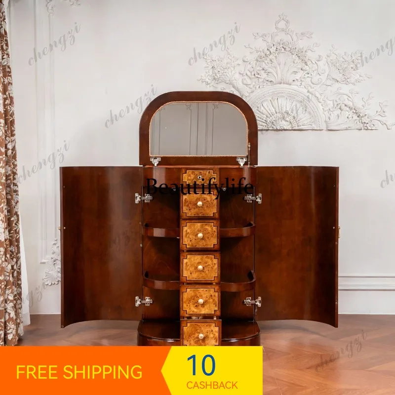 PP37 French retro solid wood multi-functional grid jewelry cabinet light luxury large-capacity storage chest