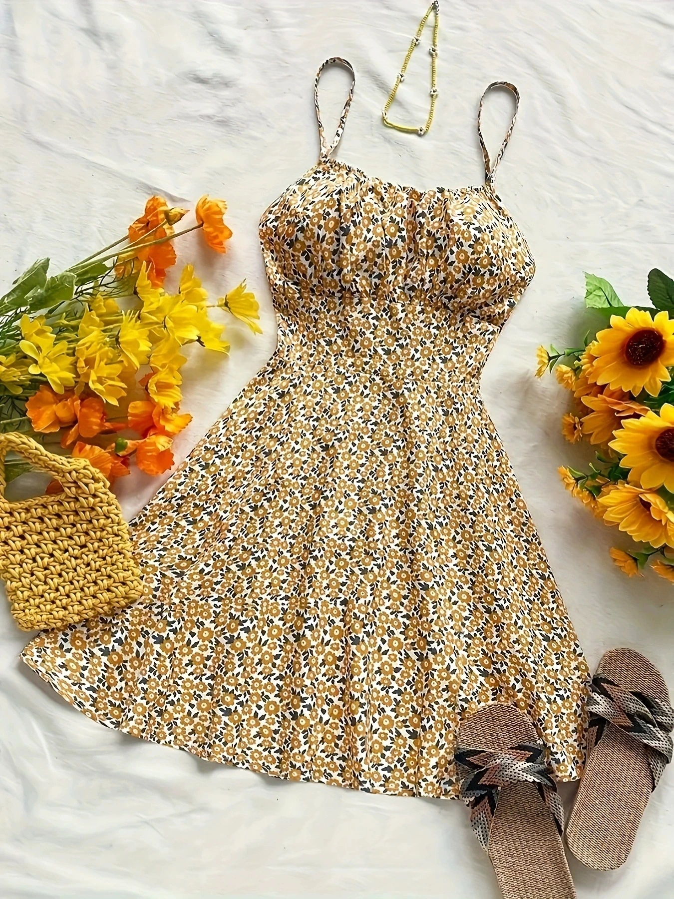 Sweet Casual Style V-Neck Floral Print Halter Dress Women's Summer Elegant Mini Dress