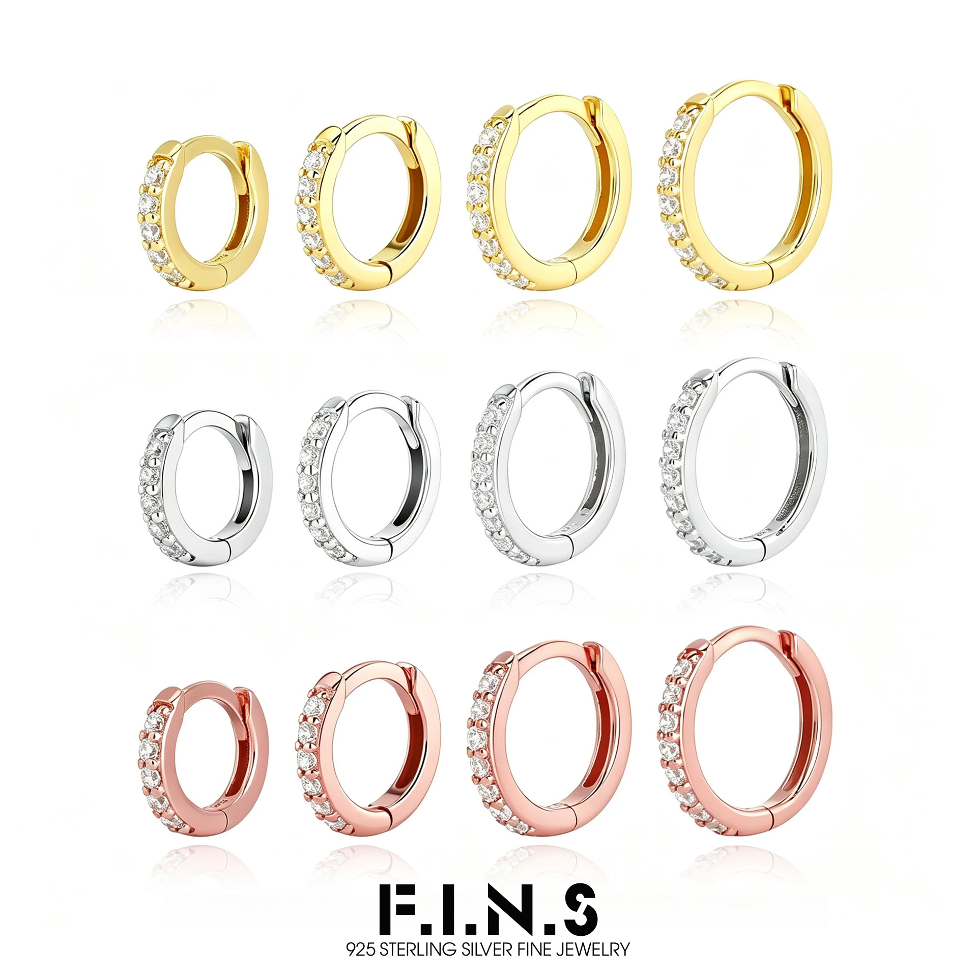 F.I.N.S S925 Sterling Silver Earrings Classic Multiple Sizes Round Zircon Clips for Women Gold Rose Gold Plated Stackable Jewels