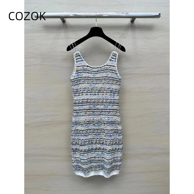 

2024 New Women's Slim Fit Striped Knitted Tank Top Skirt