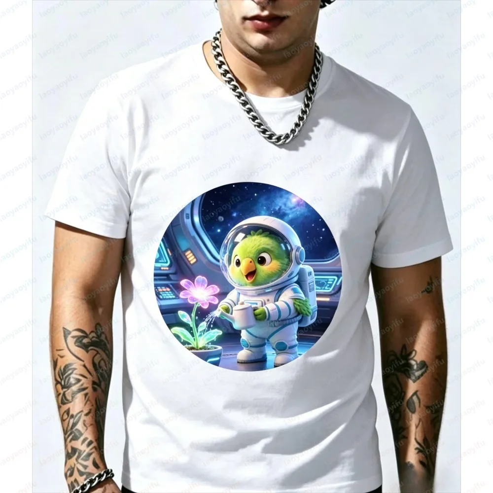 Men’s Summer Short Sleeve Fashion T-Shirt Space Astronaut Parrot Watering Flower Casual Crew Neck Tops Trendy Daily Fashion Wea