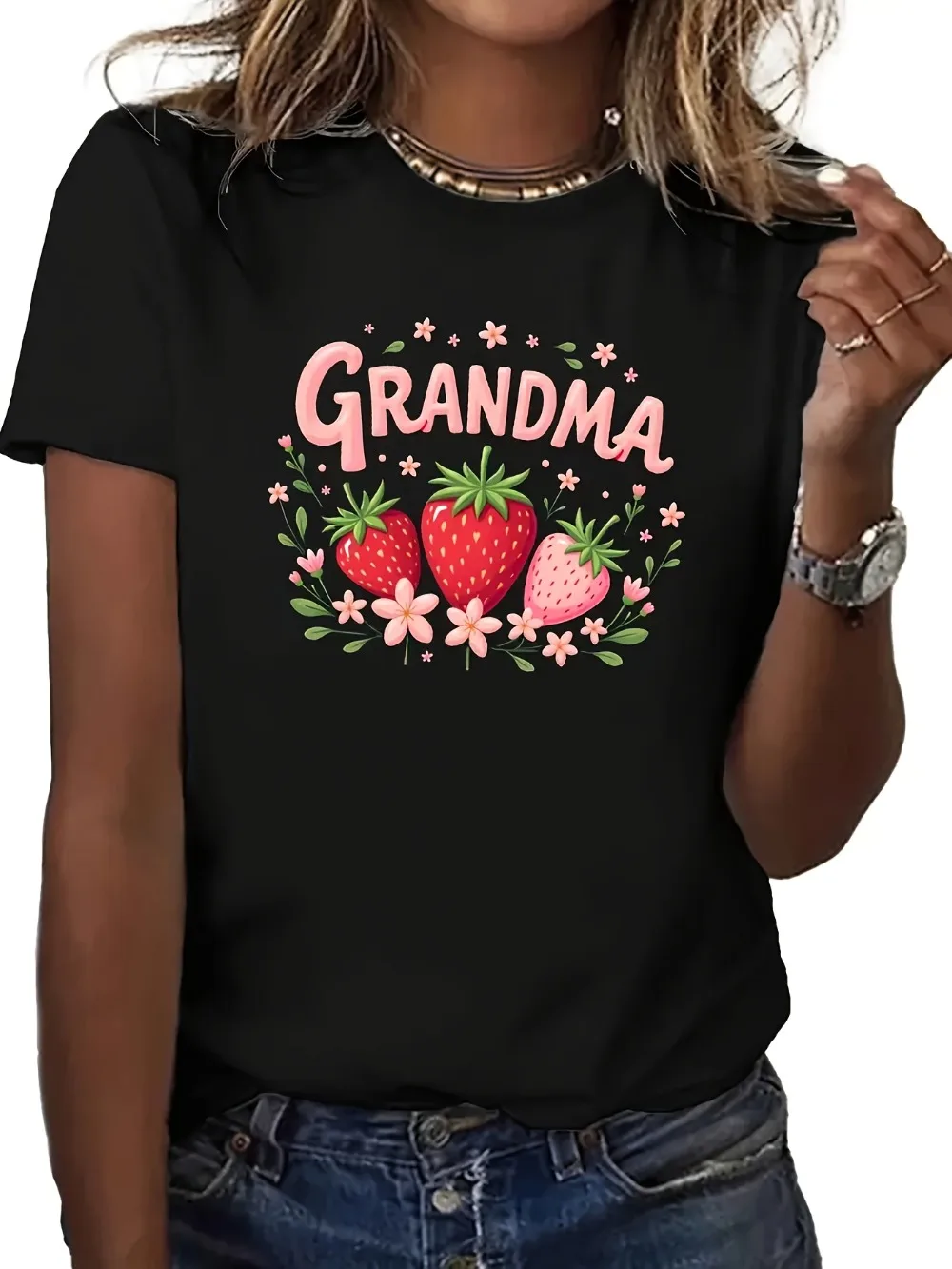 Camiseta feminina casual de manga curta com gola redonda e estampa floral de morango adequada para uso diário com top com estampa floral