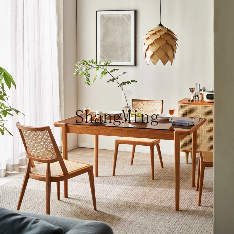 

ZYY household rattan small apartment solid wood furniture simple log dining table and chair combination