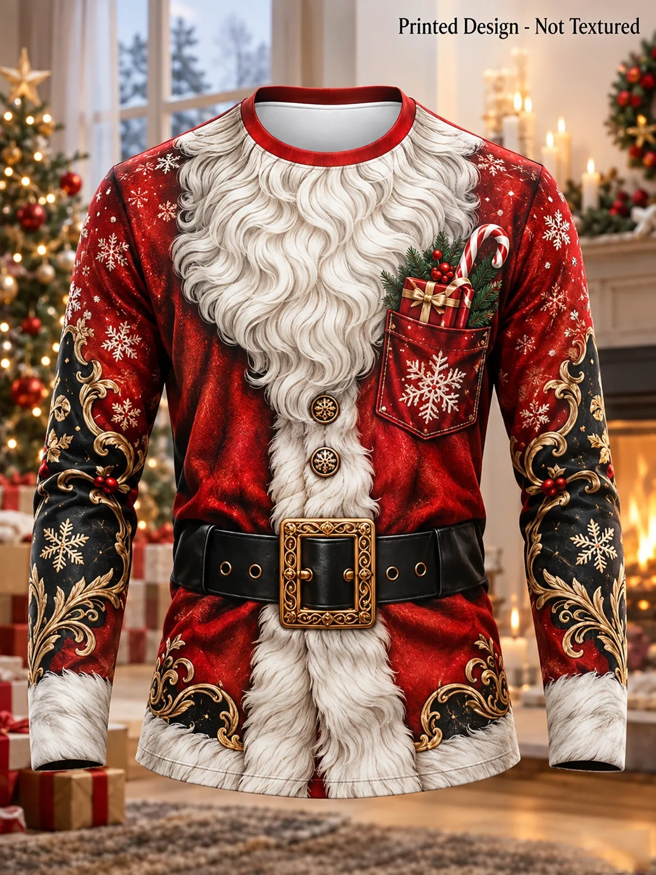 New men’s long-sleeve printed top featuring a Santa Claus outfit design—stylish, trendy, and fun.