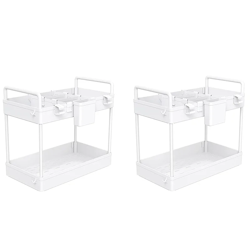 

AS60-2 Pack Органайзеры для хранения под раковиной и двухъярусный органайзер для ванной комнаты под раковину с ручкой, подвесные крючки для чашек, разделители