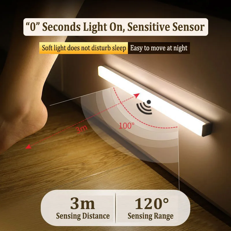 LED Sensor Motion Night Lamp Wireless Light Bar Wall Decor Induction Light USB Rechargeable For Staircase Aisle Closet Cabinet