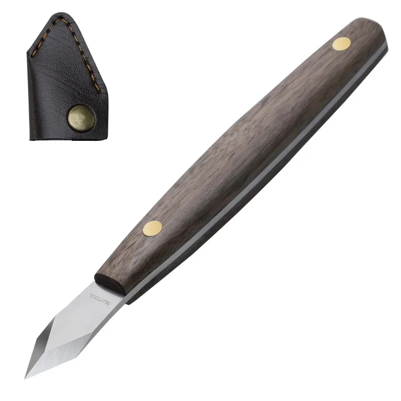 

Handmade carving knife, thin edged carved wood with beech wood handle, trimmed wood with leather sheath