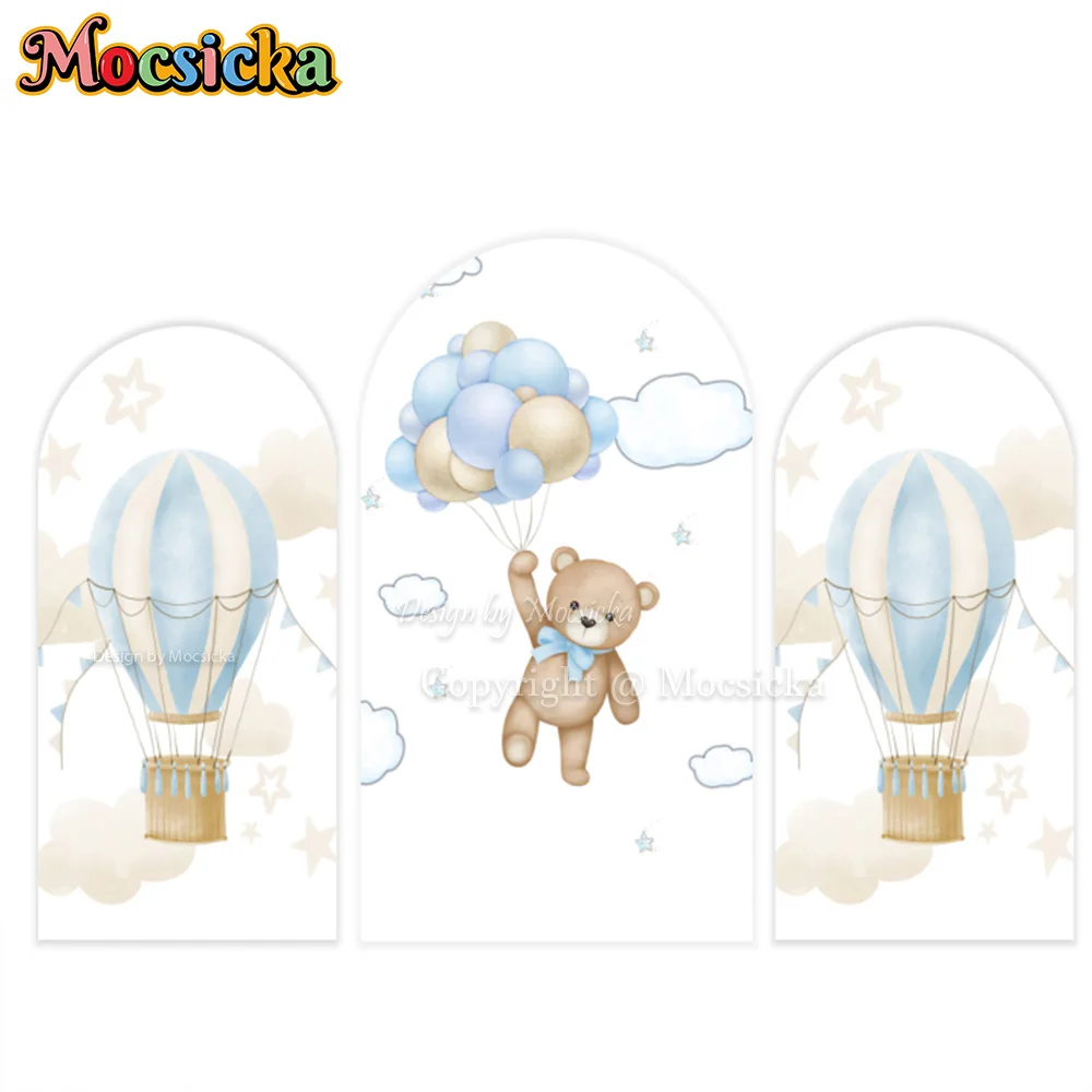 Mocsicka عيد ميلاد الطفل منطاد الهواء الساخن مغامرة حفلة خلفية مقوسة التصوير لعبة الدب الغيوم خلفية زرقاء صورة الوليد #2