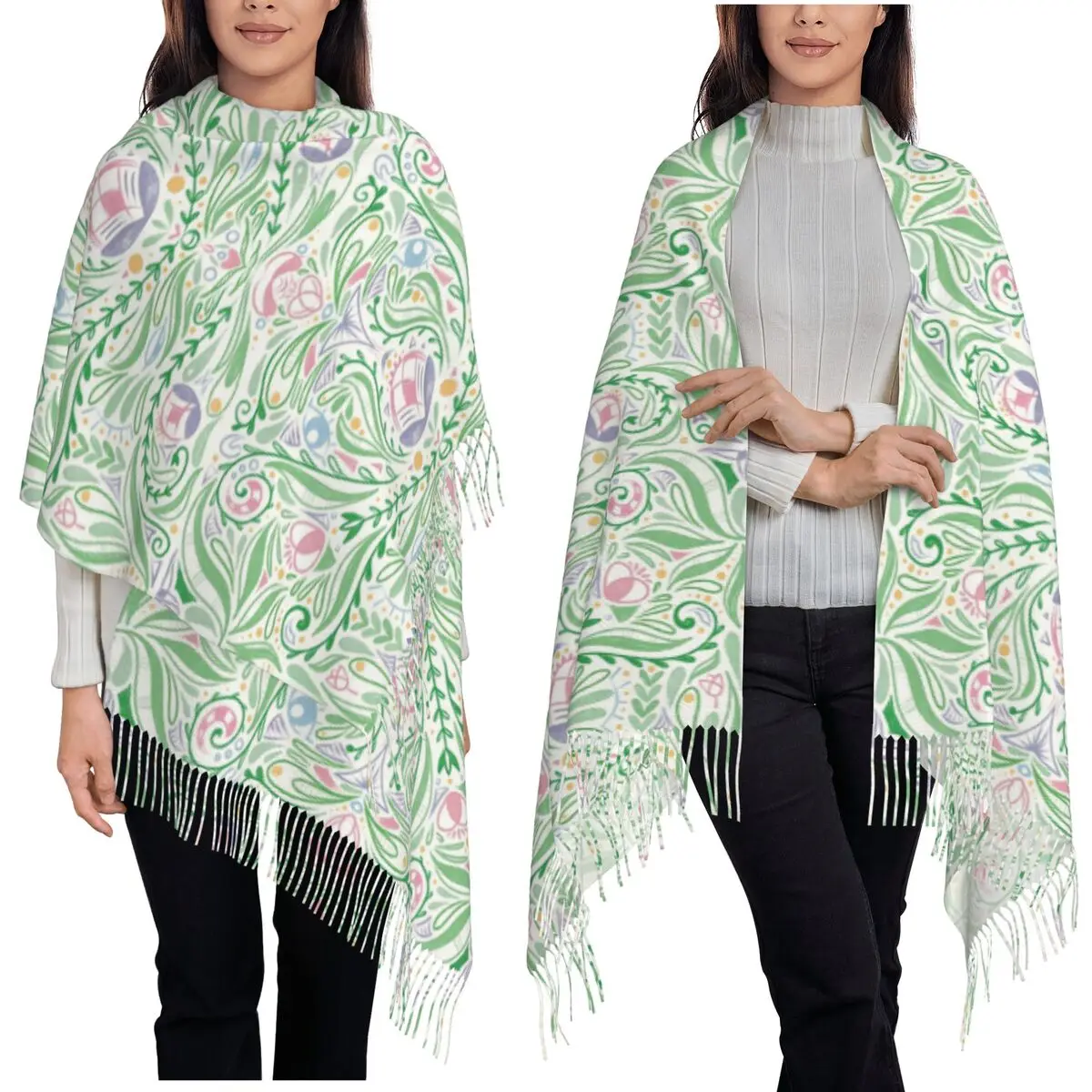 

Moravian Folk Flower Pattern Bohemian Symmetrical Floral Design Scarf Tassel Scarves Shawls and Wrap Long Fall Winter Shawl Wrap
