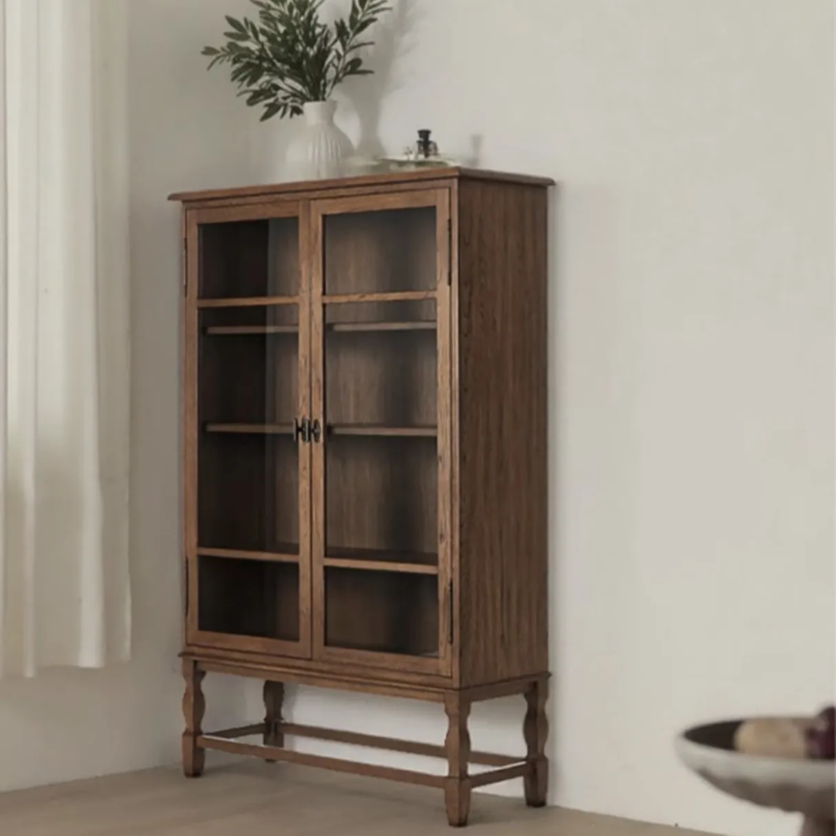 American retro floor-to-ceiling bookshelf, French solid wood bookcase, bookcase display case