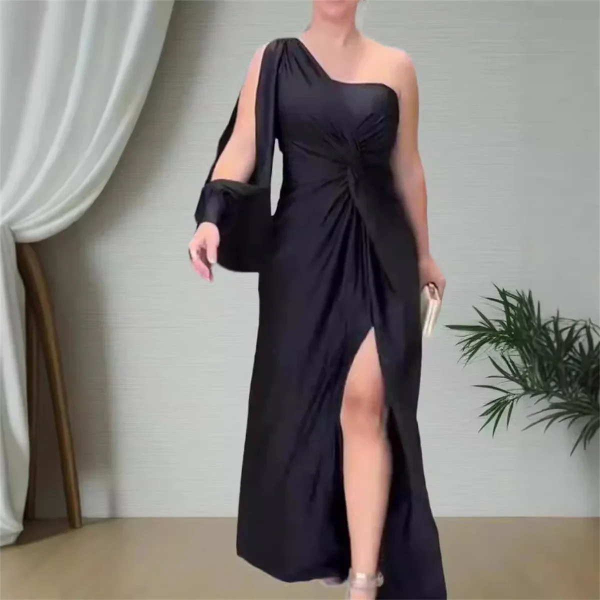 Women Fashion Party Maxi Dress Summer Solid One Shoulder Long Sleeve Cut Out Irregular Pleated Nipped Waist Slit Dresses 2024