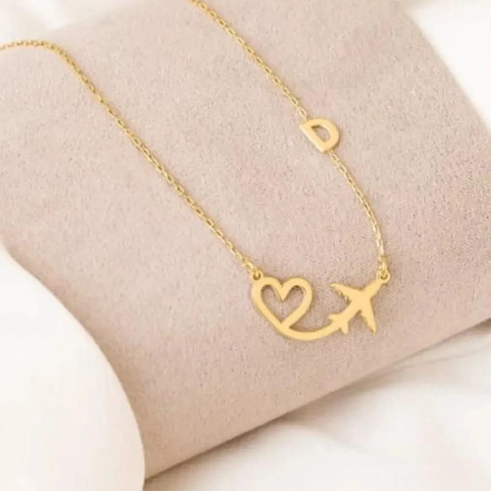 Personalized Heart Airplane Initial Pendant Necklace For Women Custom Letter Stainless Steel Jewelry Mama Birthday Christmas view 6
