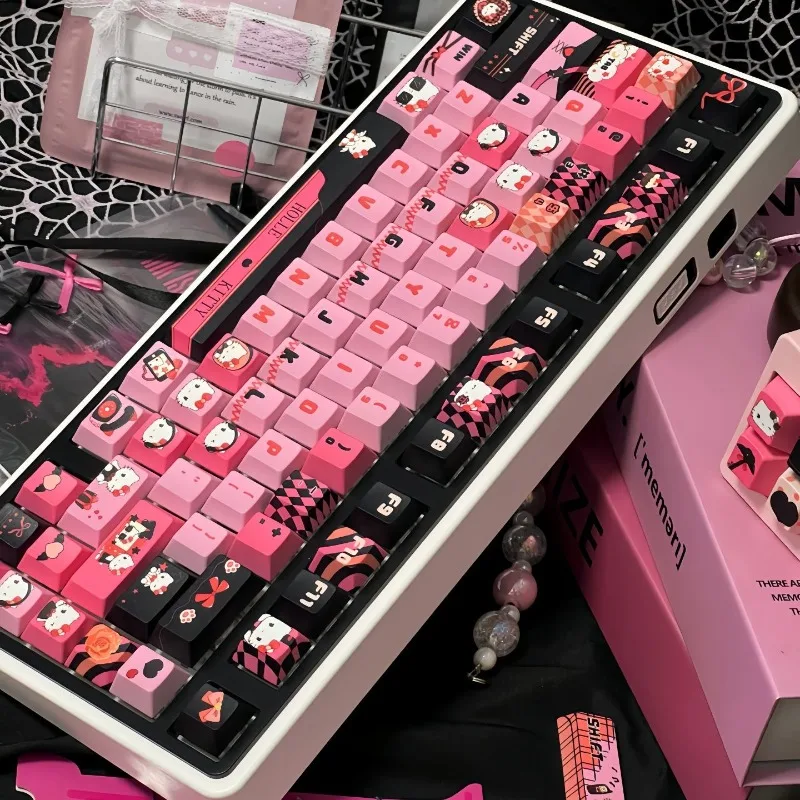

MOA / CHERRY Height Kawaii Keyscaps for Mechanical Keyboard Pink Black Hello Kitty Theme Keycaps PBT Material Keycap Girls Gift