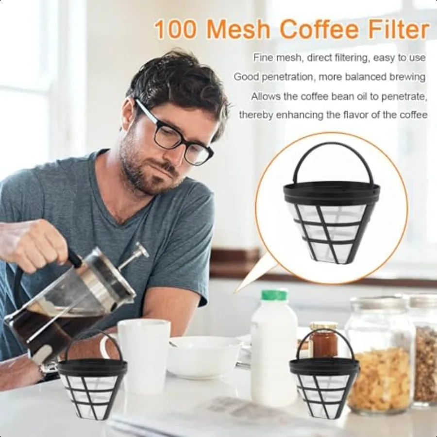 Filtry do kawy wielokrotnego użytku, 4 sztuki, stożkowe filtry do ekspresów do kawy, 4 wymienne filtry do kawy, na 8-12 filiżanek, z łyżką i szczoteczką, kompatybilne z...