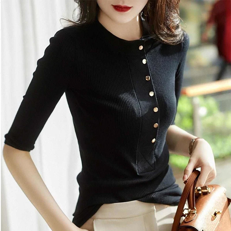 Autumn Elegant Fashion Office Lady Trendy Sweaters Women All Match Basic Solid Color Round Collar Button Half Sleeve Thin Top