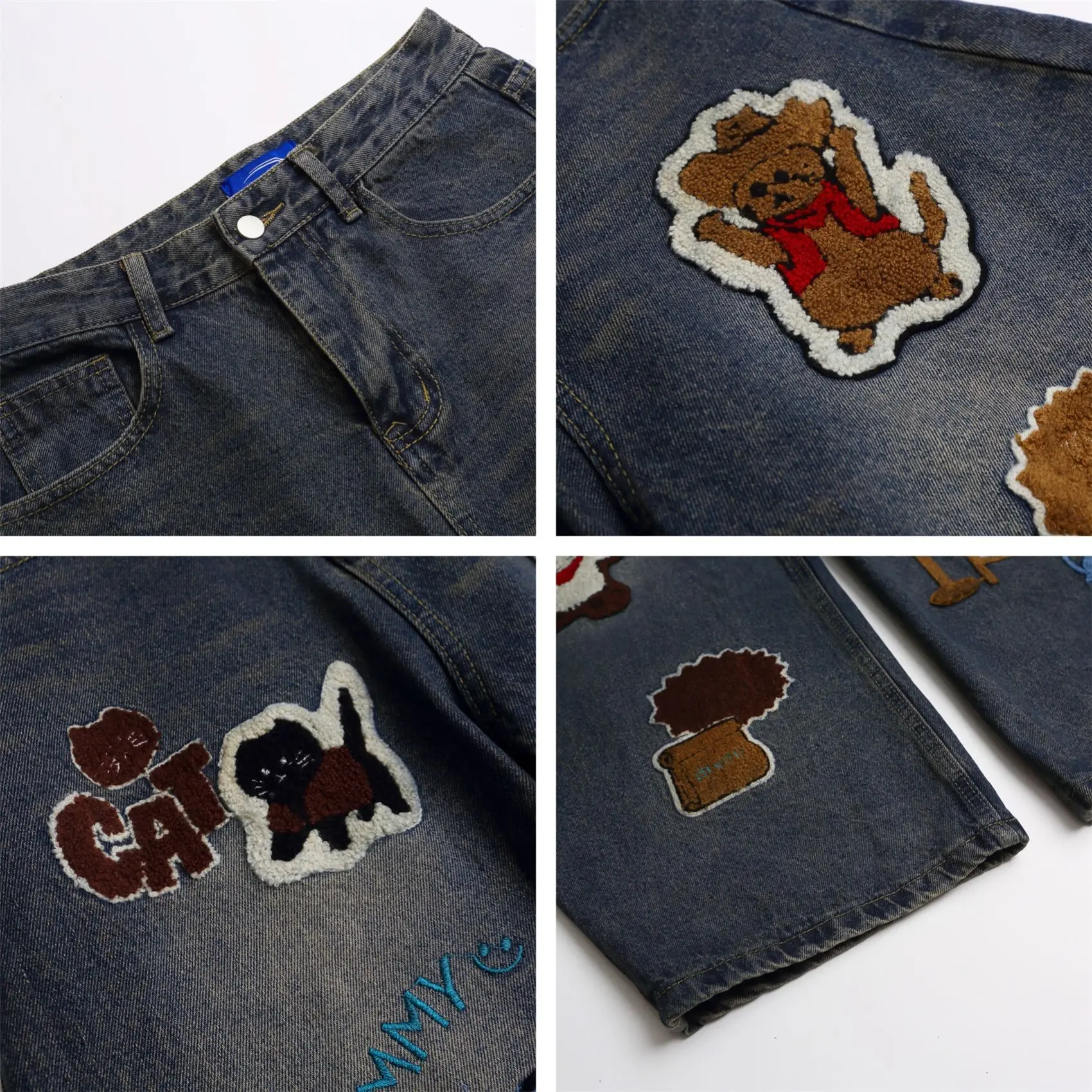 American Retro Towel Embroidered Puppy Scimitar Jeans for Men and Women Loose Casual Wide-Leg Pants Cargo Pants Women