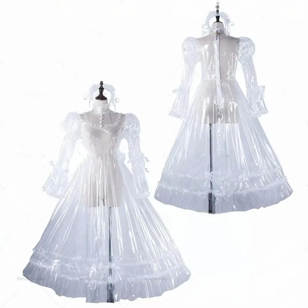 Sexy Sissy Lockable White PVC Sheer Dress Cute Girl French Maid Cosplay Adult Tailor Halloween Selected Festive Costumes