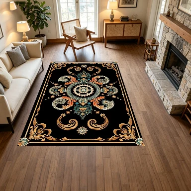 Black Gold Steampunk Gear Medal Carpet Luxury Baroque Style Gorgeous Non-Slip Floor Carpet Suitable for Living Room Bedroom
