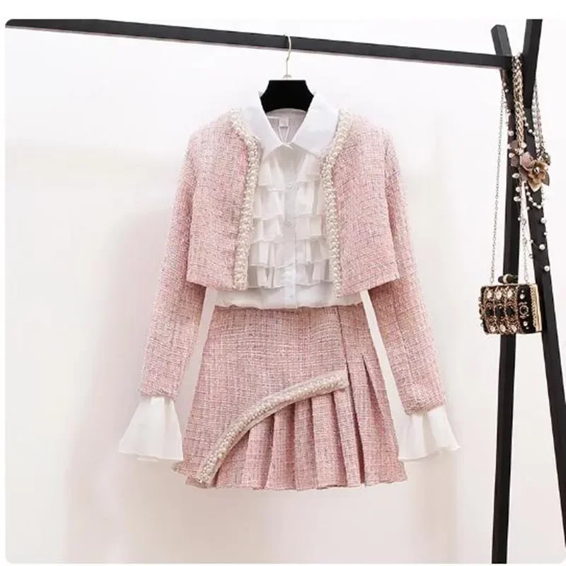 

Новинка 2025 года, высококачественные женские осенне-зимние комплекты из 3 предметов, женская мода, элегантное тонкое пальто, юбка, рубашка, костюм-тройка, твидовые комплекты