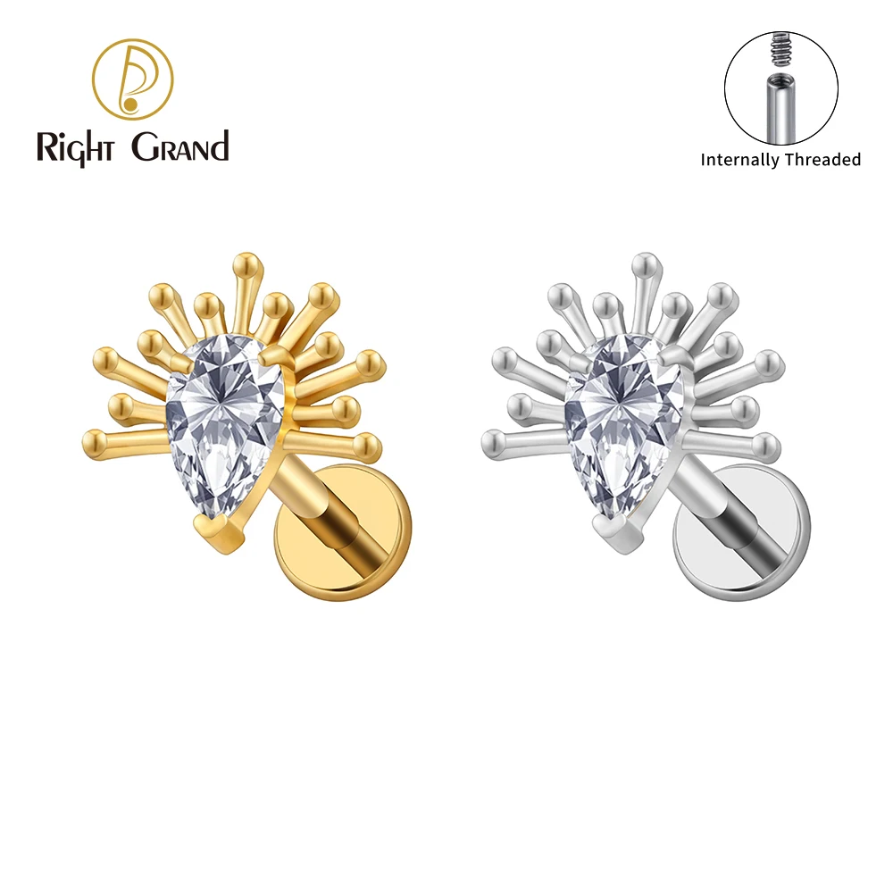Right Grand Brinco de cartilagem em titânio ASTM F136 com rosca, base plana, zircônia cúbica em formato de pera, para piercing de concha, hélix e tragus.