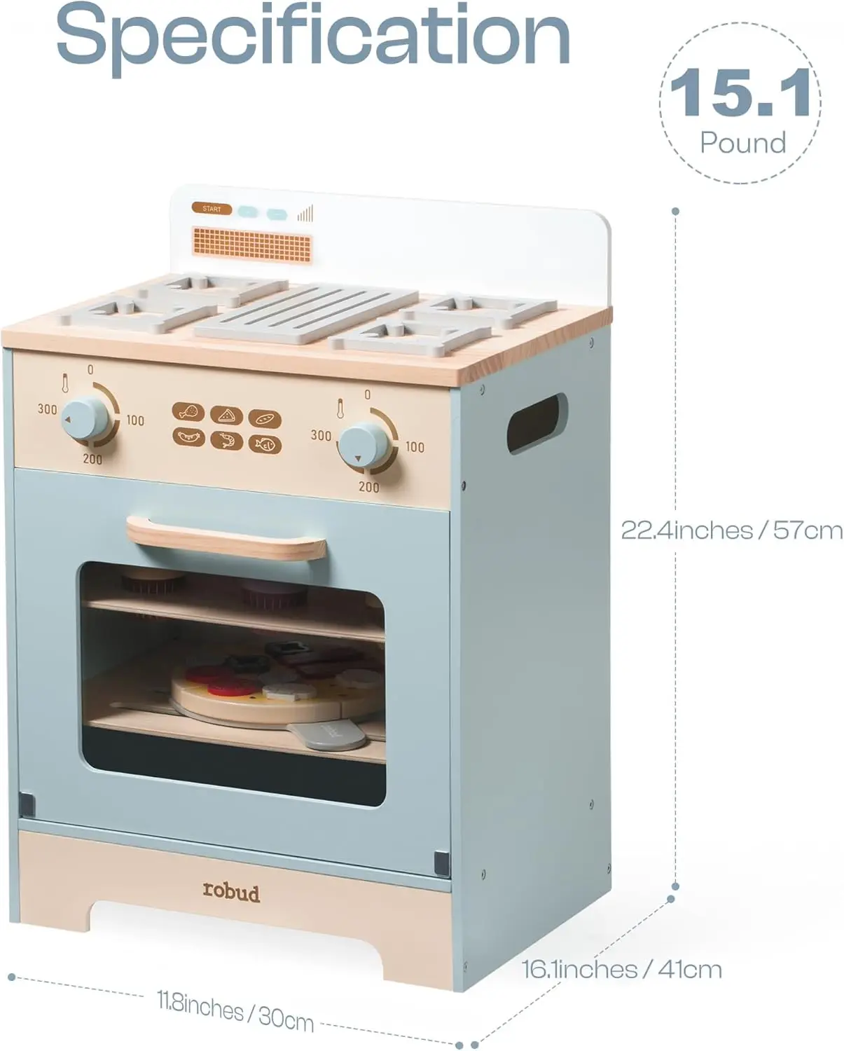Juego de horno de cocina de madera, juego de simulación Montessori, accesorios de cocina con Pizza y Cupcakes, juguetes de comida, Pizza de madera Ove