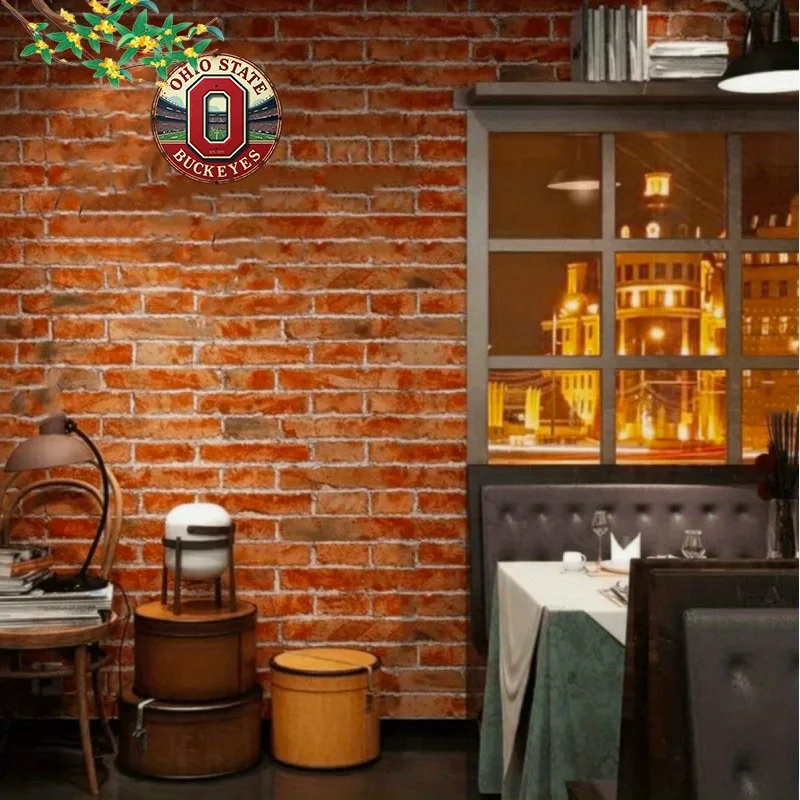 موضوع شعار ولاية أوهايو Buckeyes، لافتة حديدية مستديرة معدنية مسطحة ثنائية الأبعاد - غرفة معيشة فريدة من نوعها، عائلة، حديقة، فناء، ديكور جدار البار