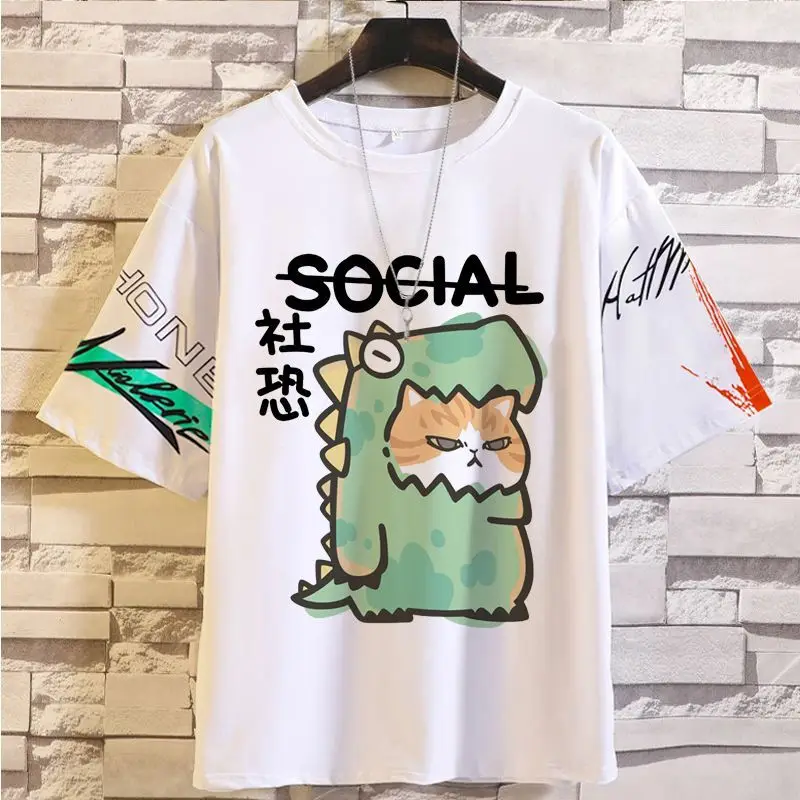 أنيمي لعبة الكرتون القط تي شيرت قصير نصف كم متعة القلق البقرة الاجتماعية عادية مستديرة الرقبة حجم كبير الصيف Trdy Ins نمط ل M
