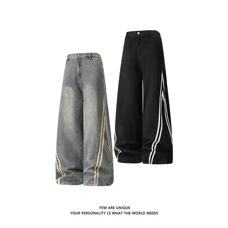 Women's Gothic Black Blue Striped Casual Denim Jeans Y2K Harajuku High Waist Wide Leg Pants Street Style High Fashion Clothing