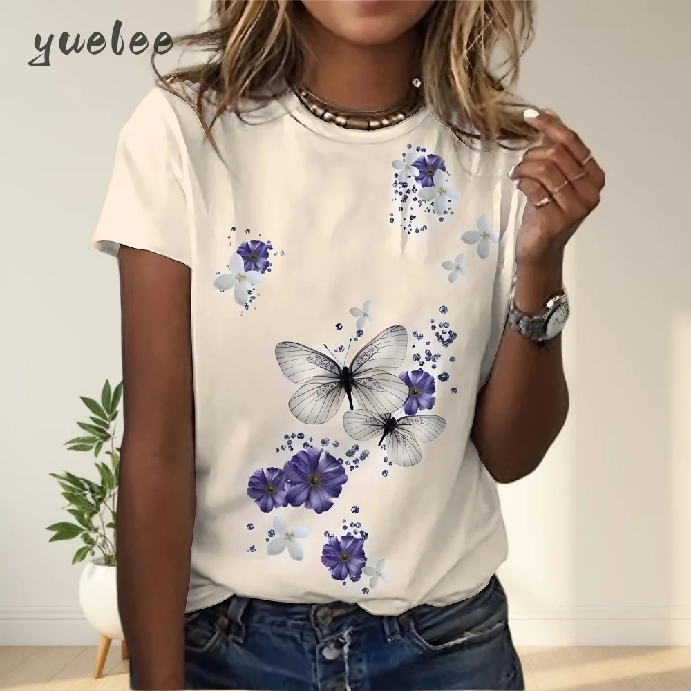 

Fashion Women's T-Shirt Butterfly Graphic Print O-Neck T-Shirts 2025 Female Clothing Vintage Women's Short Sleeve Clothing Tops