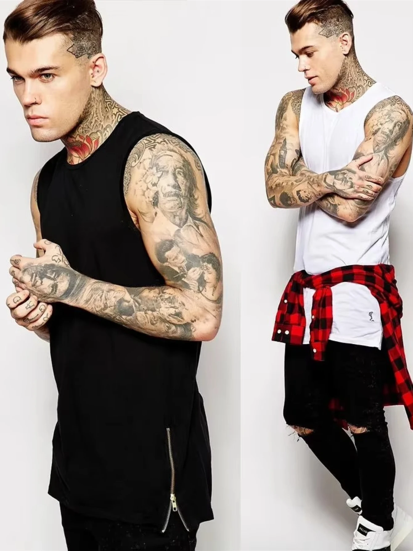 High Street Side Zipper Long Size Mens Tank Tops Brand Extension All-match Plain Man T-shirt Bottoming Vest Men Tanks Top