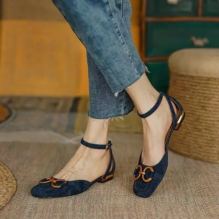 2023 New Summer Sandals For Women Retro Closed Square Toe Sandals Woman Slip On Mules Shoes Buckle Strap Lady Casual Flat Shoes