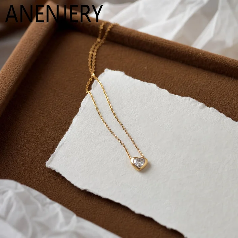 ANENJERY 316L Stainless Steel Heart Zircon Pendant Necklace For Women Gentle Simply Luxury Niche Jewelry Gifts Wholesale