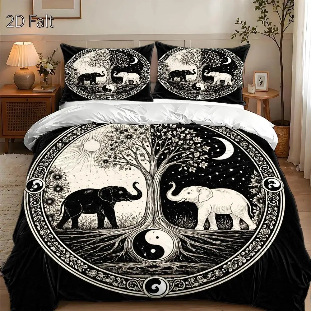 3-Piece Quilt Cover Set, 1 Quilt Cover + 2 Pillowcases (Without Filling) 2D Flat Printing, Elephant and Tree Yin-Yang Tai Chi Pattern, Black and White Line Style, Spring, Three-Piece Bedding Set, Large Size Quilt Cover Set, Suitable for All Seasons, Machine Washable, Invisible Zipper, Suitable for Home, Dormitory, Master Bedroom, Guest Room