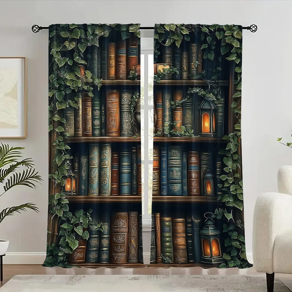 

2pc, Curtain Vintage library shelves Polyester,Without Electricity Festive Backdrops Use for Home Decor