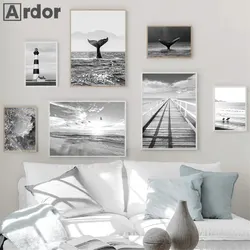 Black And White Lighthouse Bridge Canvas Print Ocean Whale Poster Beach Birds Wall Art Painting Nordic Picture Living Room Decor