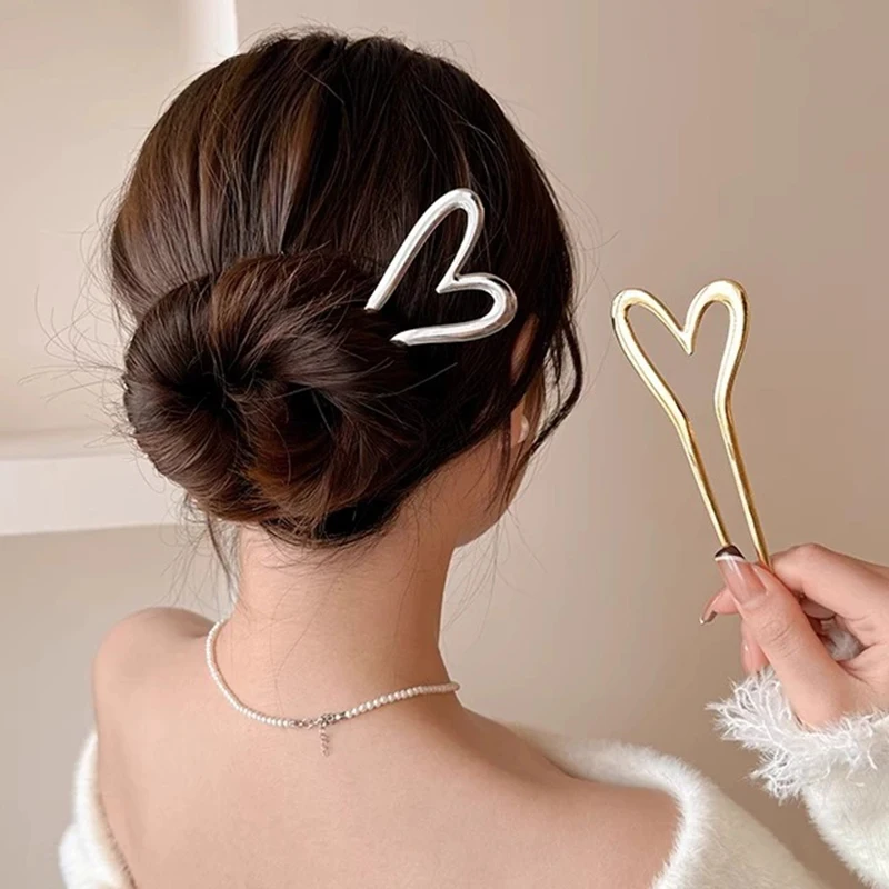 Épingle à cheveux en forme de U en forme de cœur, outils de coiffure, épingle à cheveux en métal de Style chinois, peigne pour femmes, bijoux simples, accessoires pour cheveux d'amour, 2 pièces