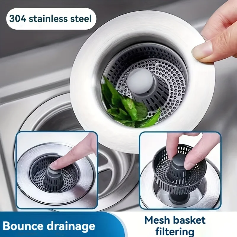 3 in 1 Kitchen Sink Drain Strainer and Stopper Combo, Stainless Steel Pop Up Kitchen Sink Stopper, Sink Drain Strainer for Stand