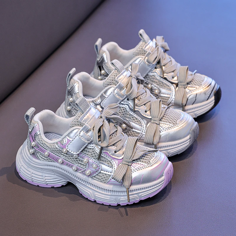 

Girls Shoes Four Seasons Models Light Purple Pearl Soft Kids Single Shoes 3-18 Years Old Silver Lightweight Children's Sneakers