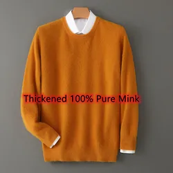 Men's 100% Pure Mink Cashmere Sweater O-Neck Pullovers Knit Large Size Mink Sweater Winter New Long Sleeve High-End Jumpers Tops