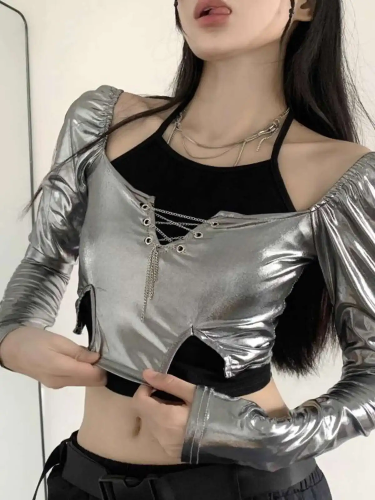 Sense Of Design Silvery Halter Montage Fake Two Pieces Womens fashion Hottie Hollow Out Pure Desire Jazz Dance Tops Clothing