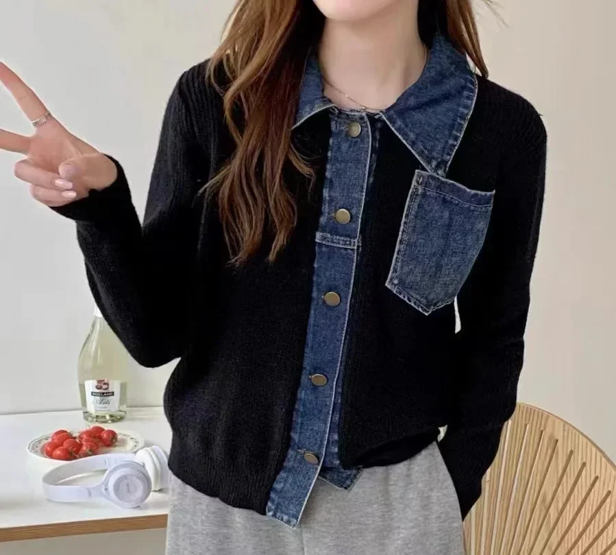 Small Spring Autumn Outerwears Female Jeans Coat Short Black Patchwork Crop Women's Denim Jackets Knitted 2024 New Collection In