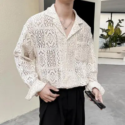 Hollow Shirts Men Transparent Mesh Lace Shirt Fall Long Sleeve Vintage Breasted Collar Shirts Fashion Embroidery Mens Streetwear