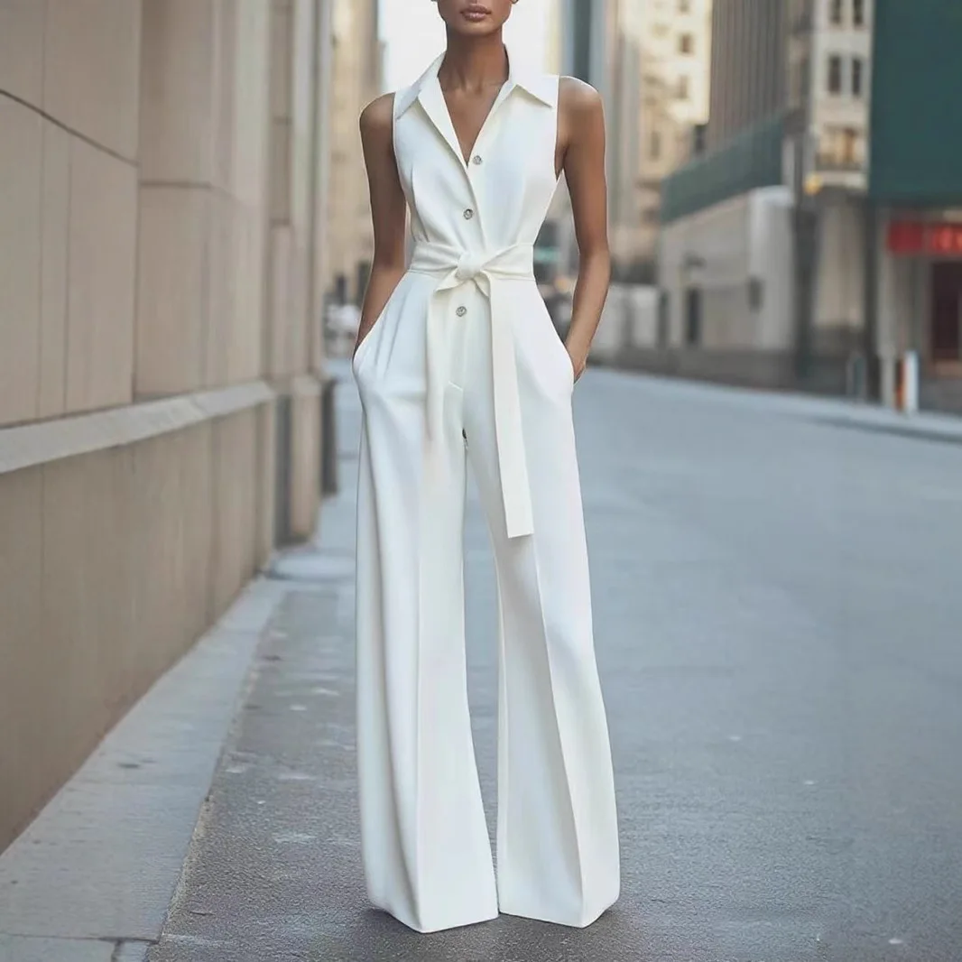 Summer Jumpsuits Women Sleeveless High Waist Commuting Waist Single Breasted Jumpsuit Wide Leg Pants Solid Color Jumpsuits