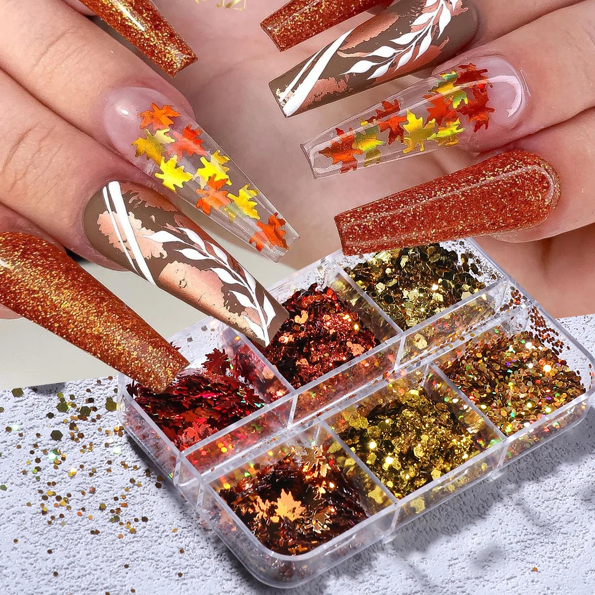 6칸 골든 가을 네일 글리터 슬라이스 단풍잎 육각형 모양 장식 스팽글 DIY 가을 겨울 반짝이는 매니큐어 액세서리