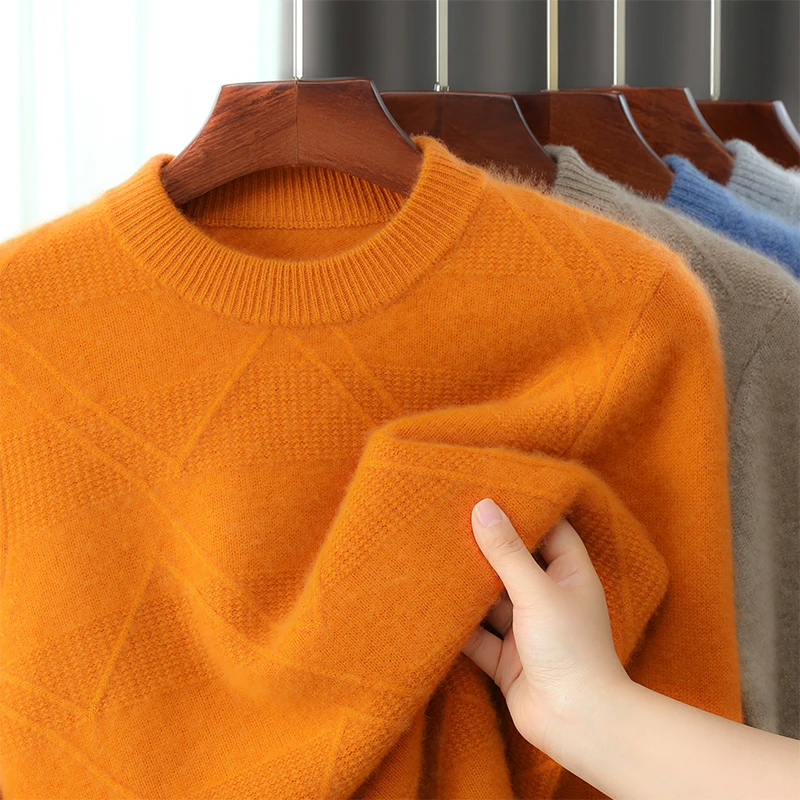Autumn And Winter New 100% Pure Wool Knitted Men's Round Neck Pullover Thickened Jacquard Sweater Casual Bottoming Shirt