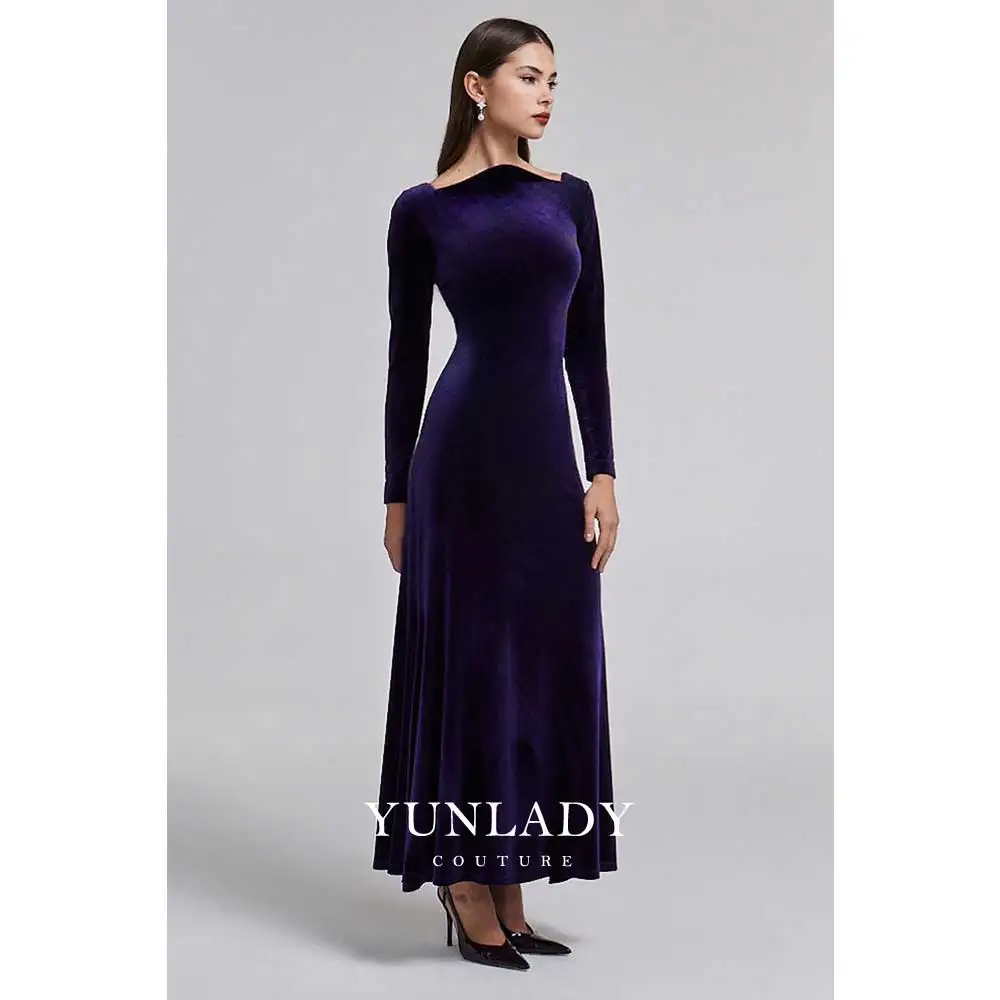

YUNLAN Customized New Purple Velvet Long Sleeve Bodycon Party Dress 2025 Winter A-Line Prom Dress Wedding Guest Dress