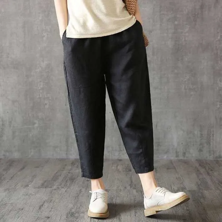 Cotton Linen Casual Pants Women's Loose Slim Straight Summer Thin Nine Points Harem Pants High Waist Elastic Waist Pocket